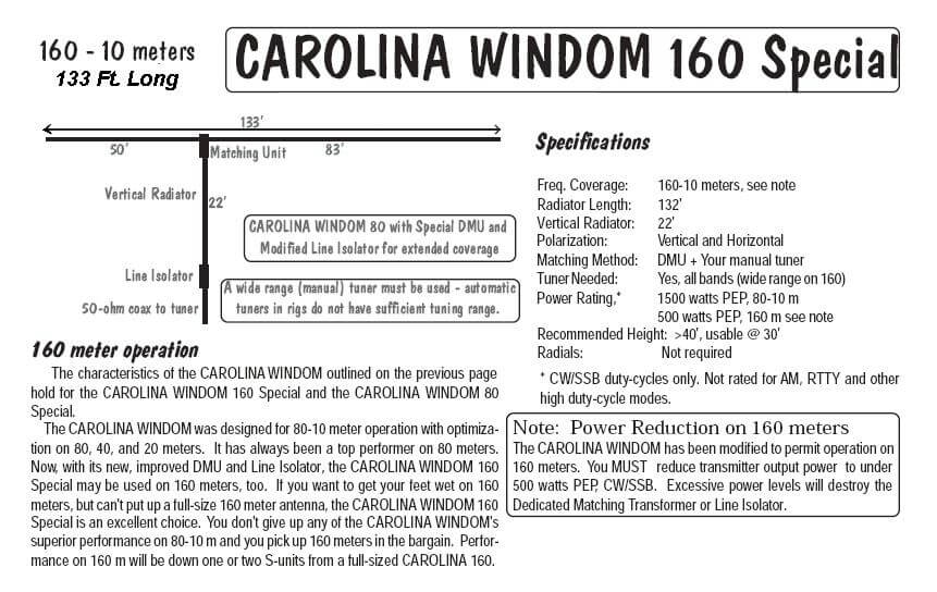 Specifications of the Carolina Windom  160 Special A summary of the Carolina Windom  160 Special Specifications