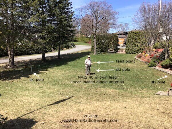 Picture showing VE2DPE with his linear-loaded 40 m NVIS antenna, strung 3-4 feet off the ground, using three ski poles.
