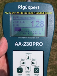 Picture shows the SWR reading - 1.28:1 - at the (field adjustable) frequency of resonance - 7.04 MHz - of VE2DPE's portable 40 m inverted 'V' linear-loaded NVIS antenna.