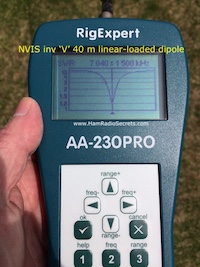 Picture shows the (field adjustable) frequency of resonance - 7.04 MHz - of VE2DPE's portable 40 m inverted 'V' linear-loaded NVIS antenna.