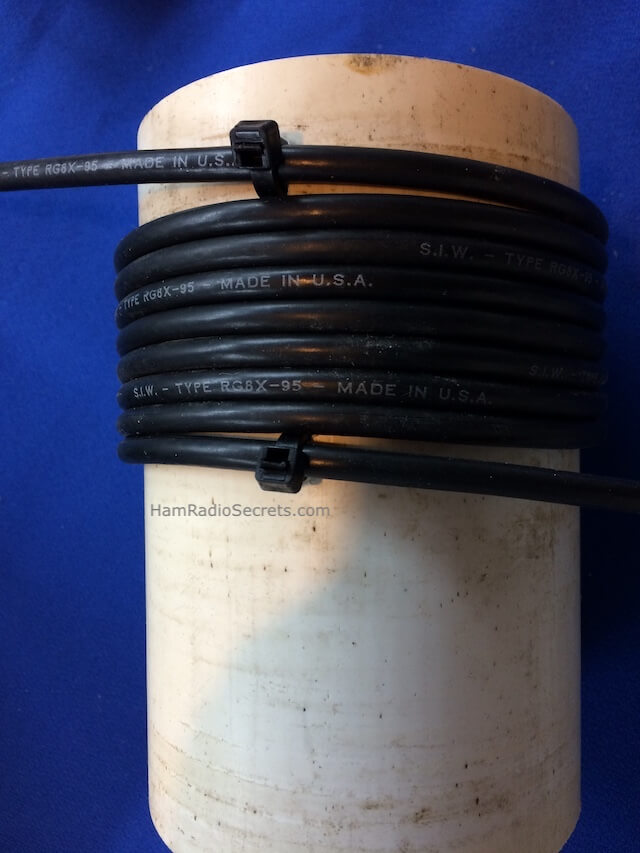 Coax RF choke held by tiewraps on PVC tube