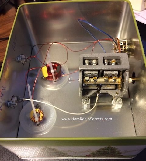 Overhead view of HF preselector parts within the enclosure.