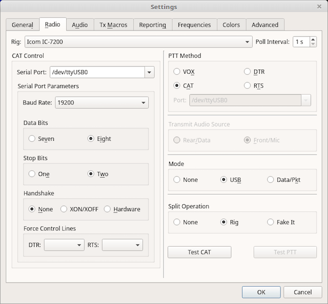 WSJT-X radio settings for IC-7200